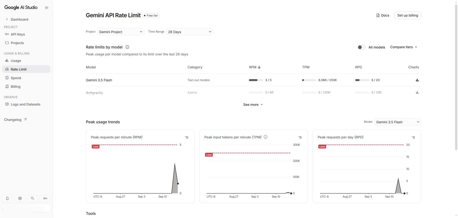AI Studio rate limit page